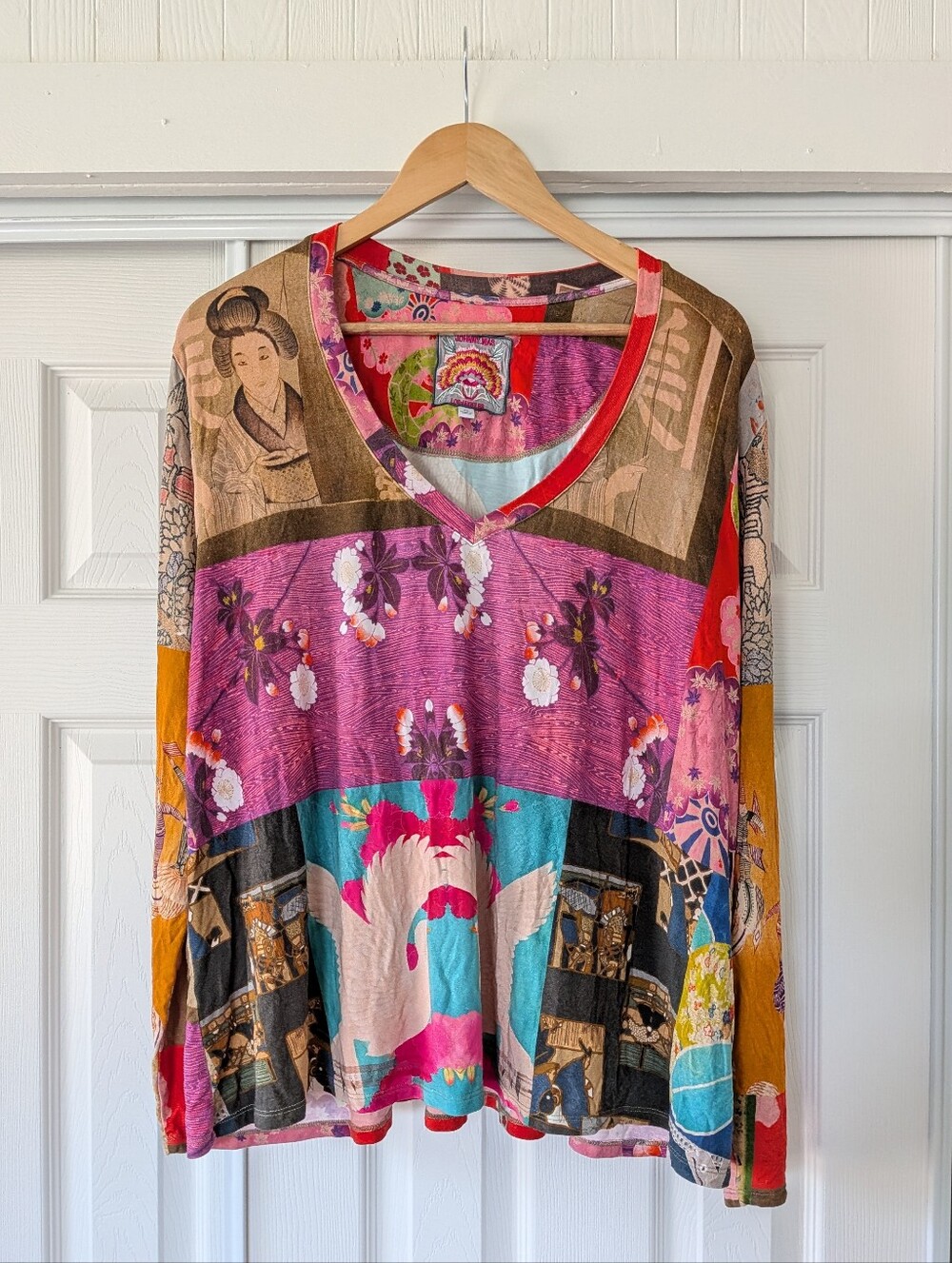 Johnny Was Tokyo Favorite Multi-Print Patchwork V-Neck Long Sleeve Tee Boho XL